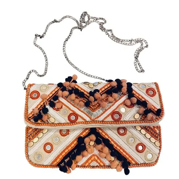 Clements Ribero Orange and Black Geometric Shoulder Bag w/ Pompoms and Beading.
